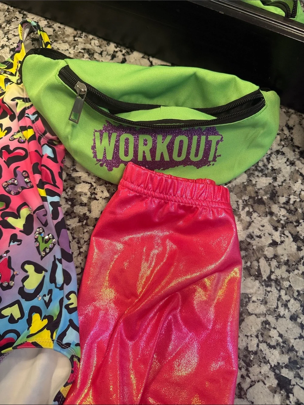 Neon Heart Print Leotard with Pink Metallic Shorts